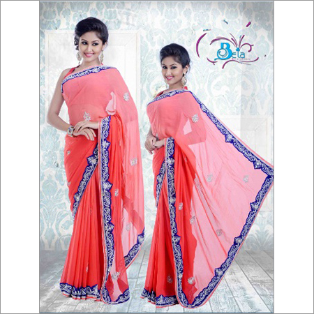 Saree - Peach Georgette, 5.5 Meters | Embroidered Floral Border, Elegant Soft Fabric, Perfect Drape