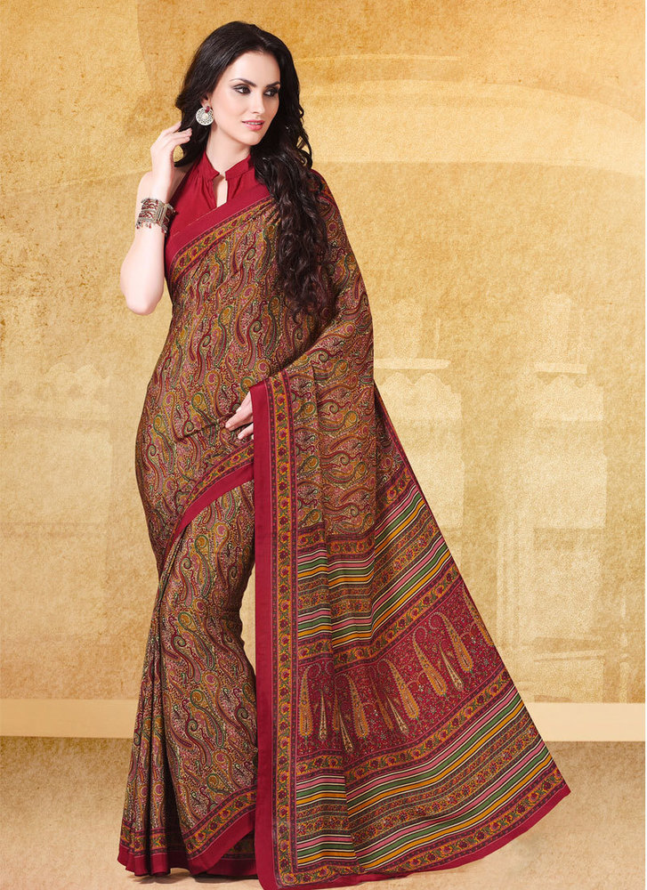 Catchy Faux Crepe Print Work Casual Saree