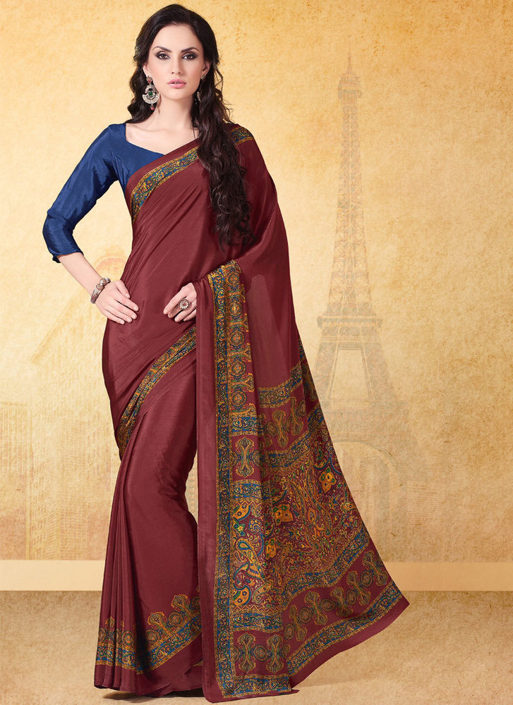 Zesty Faux Crepe Maroon Print Work Casual Saree