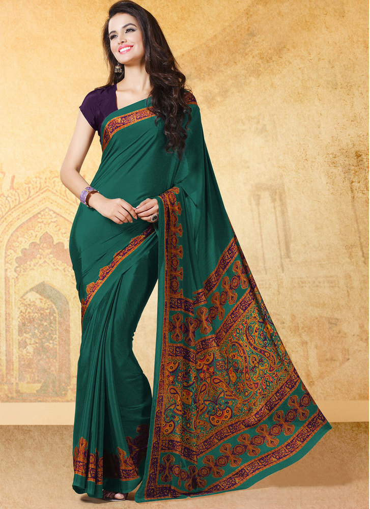 Miraculous Faux Crepe Green Print Work Casual Saree