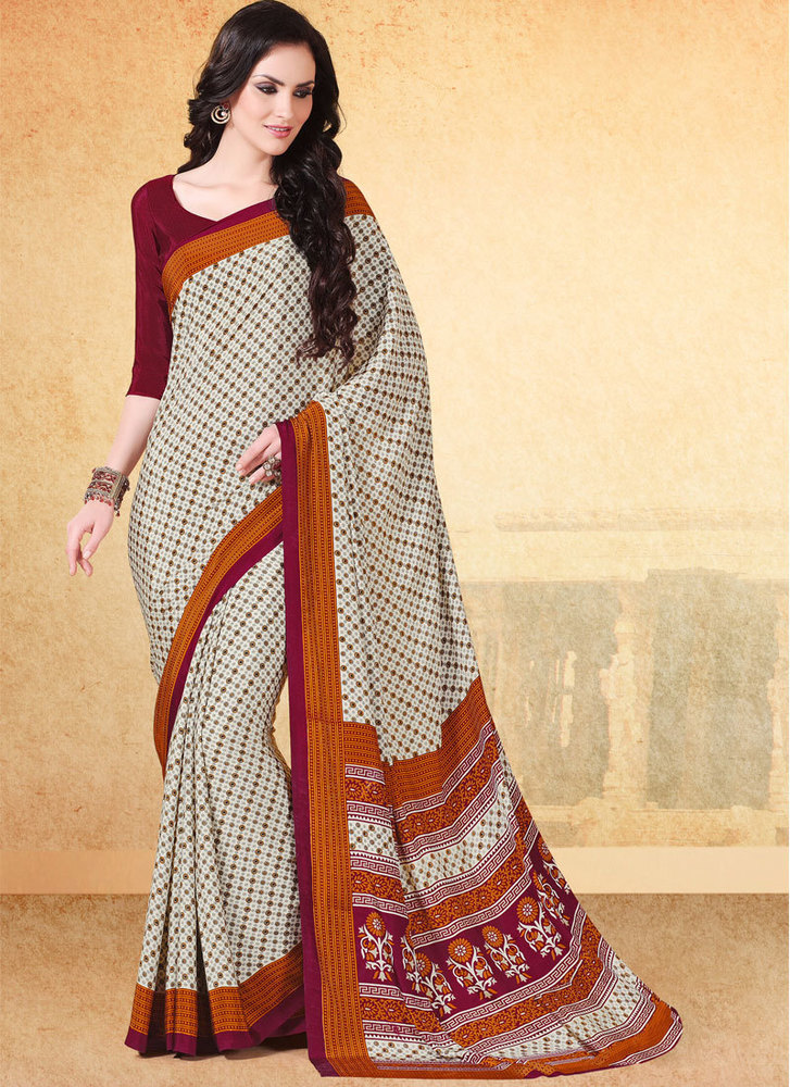 Aspiring Faux Crepe Cream Print Work Casual Saree