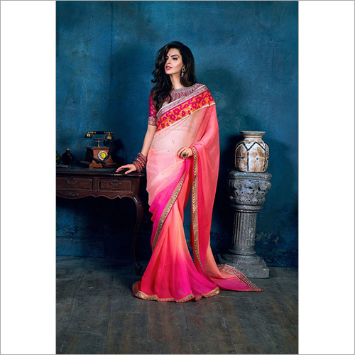 Chiffon Designer Saree - Chiffon Fabric, 5.5m, Peach | Embroidered Work, Soft, Stylish Drape, Unstitched Blouse