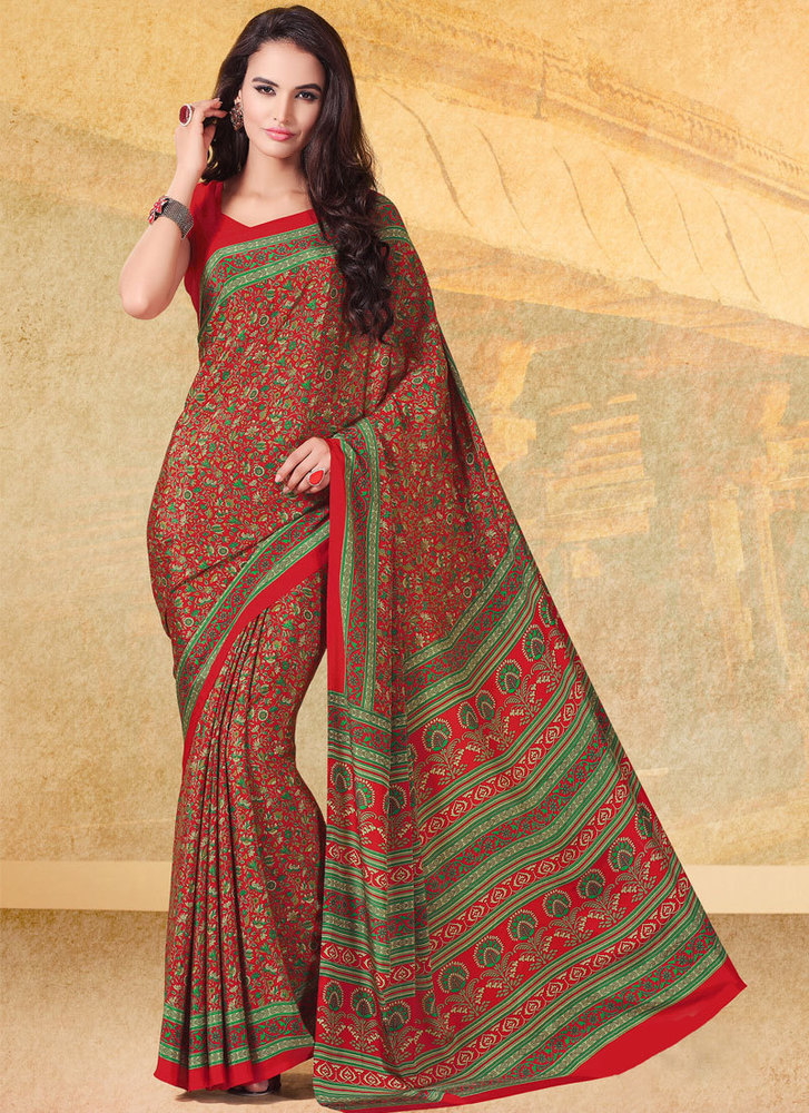 Heavenly Red Print Work Faux Crepe Casual Saree