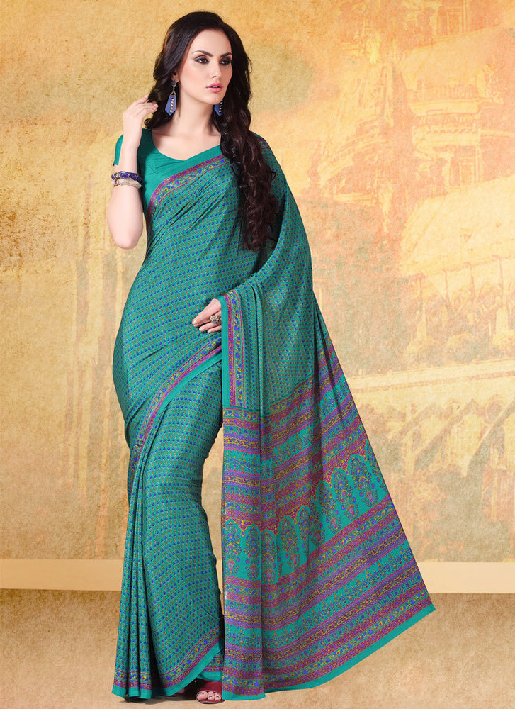 Divine Faux Crepe Print Work Casual Saree - 5.5 Meters, Teal | Elegant Design, Soft Fabric, Matching Blouse