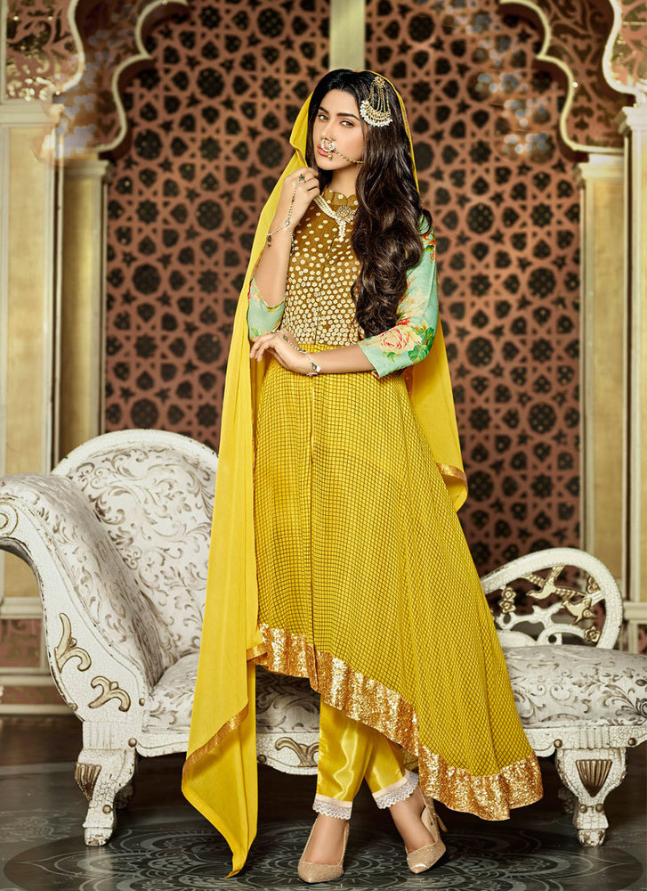 Capricious Embroidered Work Yellow Net Georgette Salwar Suit - Anarkali Style, Matching Bottom & Dupatta, Resham Embroidery