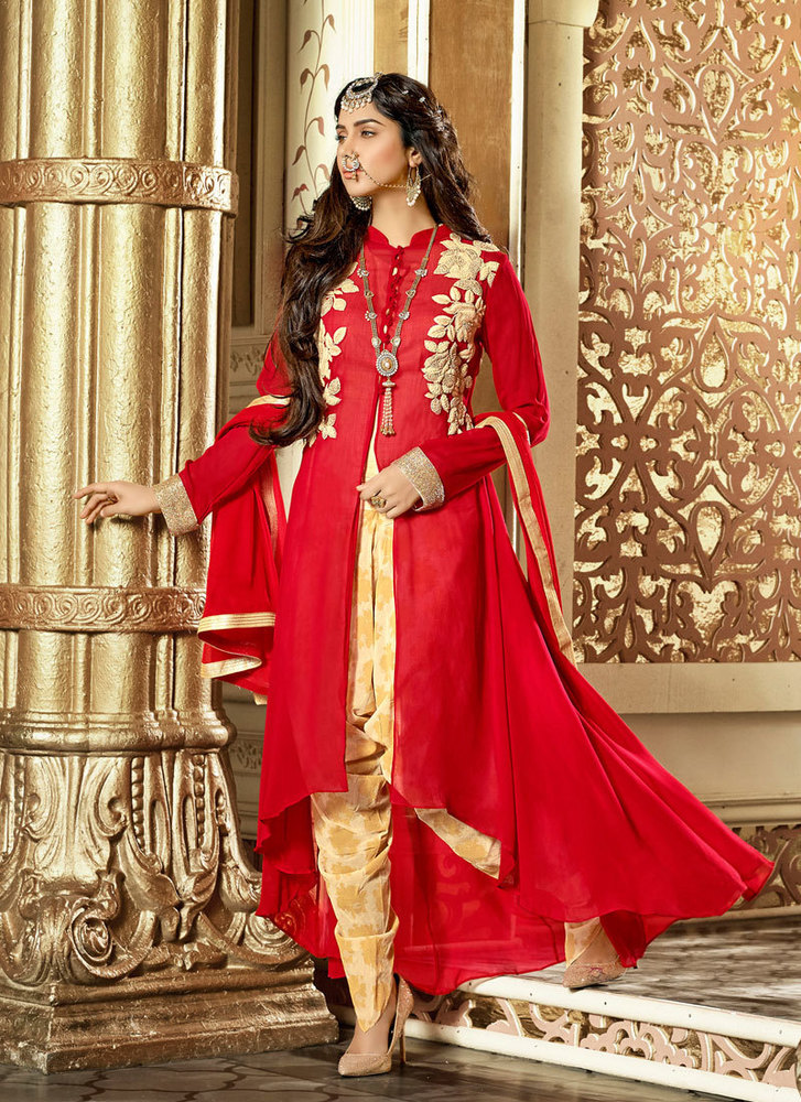 Mesmerizing Resham Work Red Georgette Designer Salwar Suit