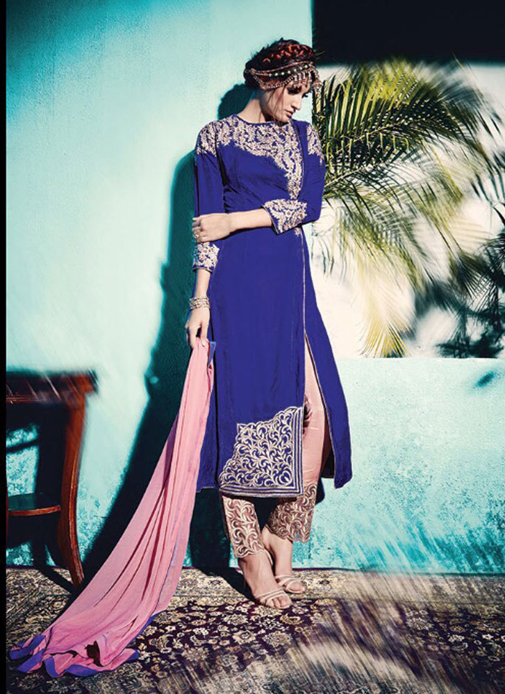 Mesmeric Resham Work Blue Velvet Pant Style Suit