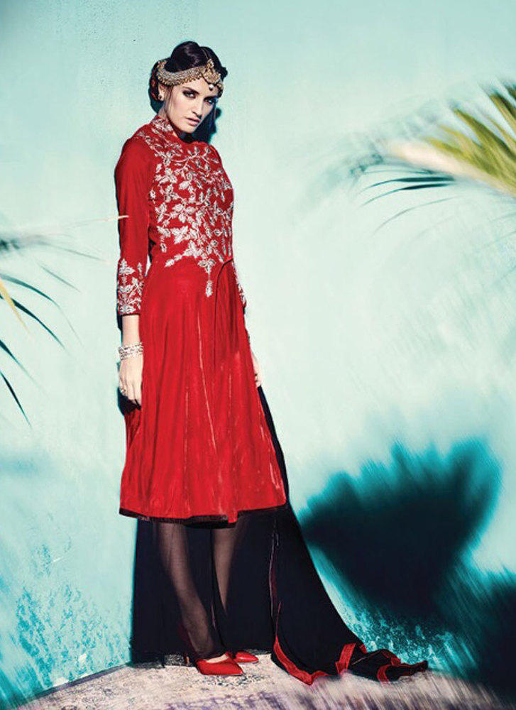 Spectacular Velvet Red Embroidered Work Pant Style Suit