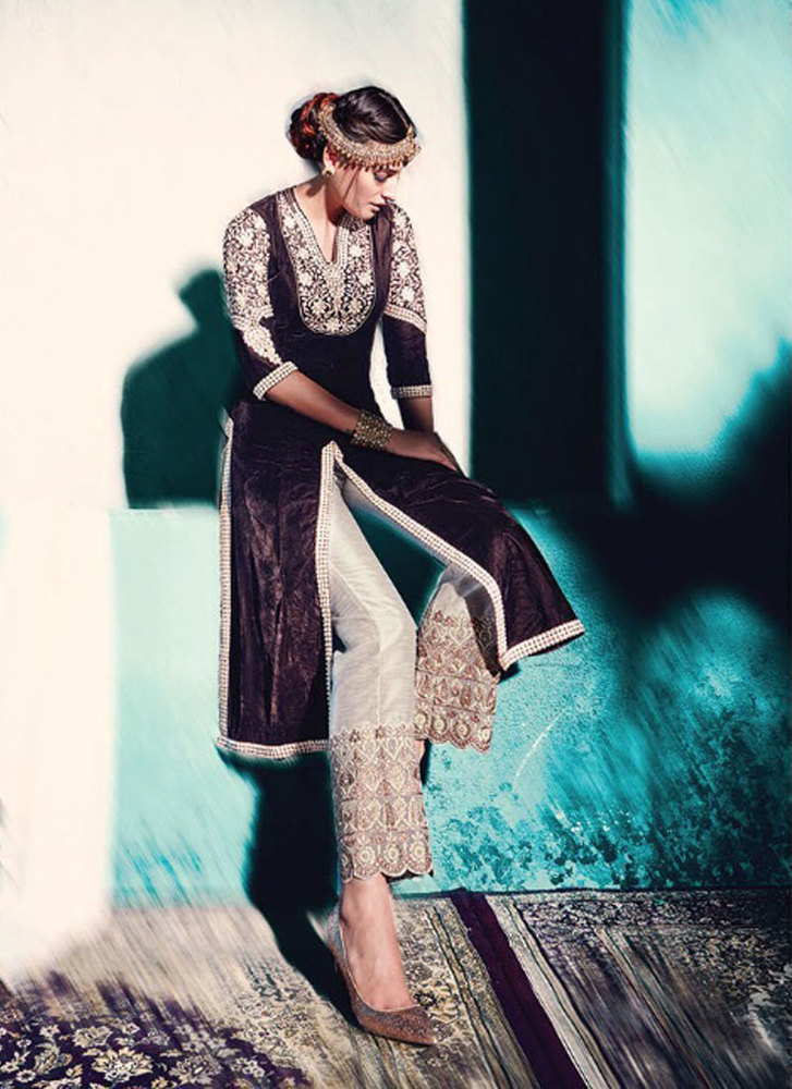 Desirable Velvet Brown Resham Work Pant Style Suit