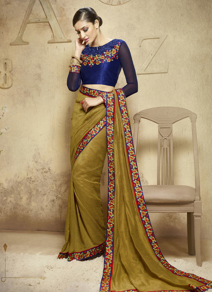 ग्रीन रेशम वर्क विस्कोस डिजाइनर साड़ी