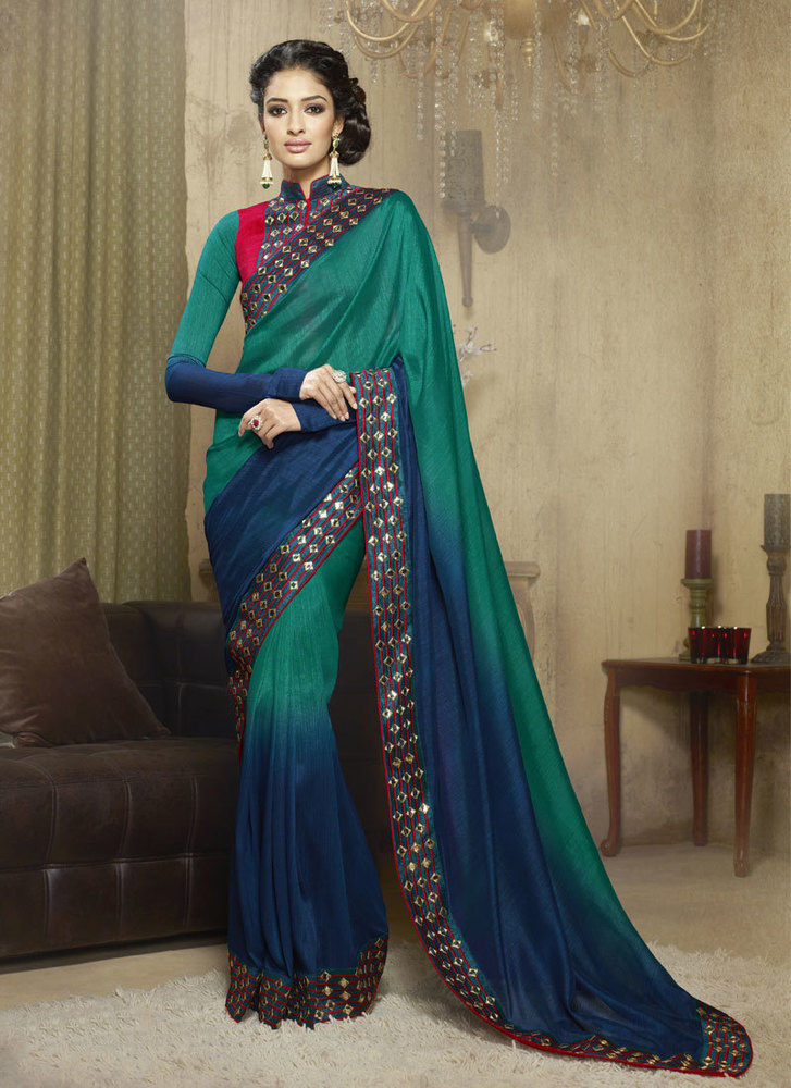 Glowing Embroidered Work Green and Blue Designer Saree