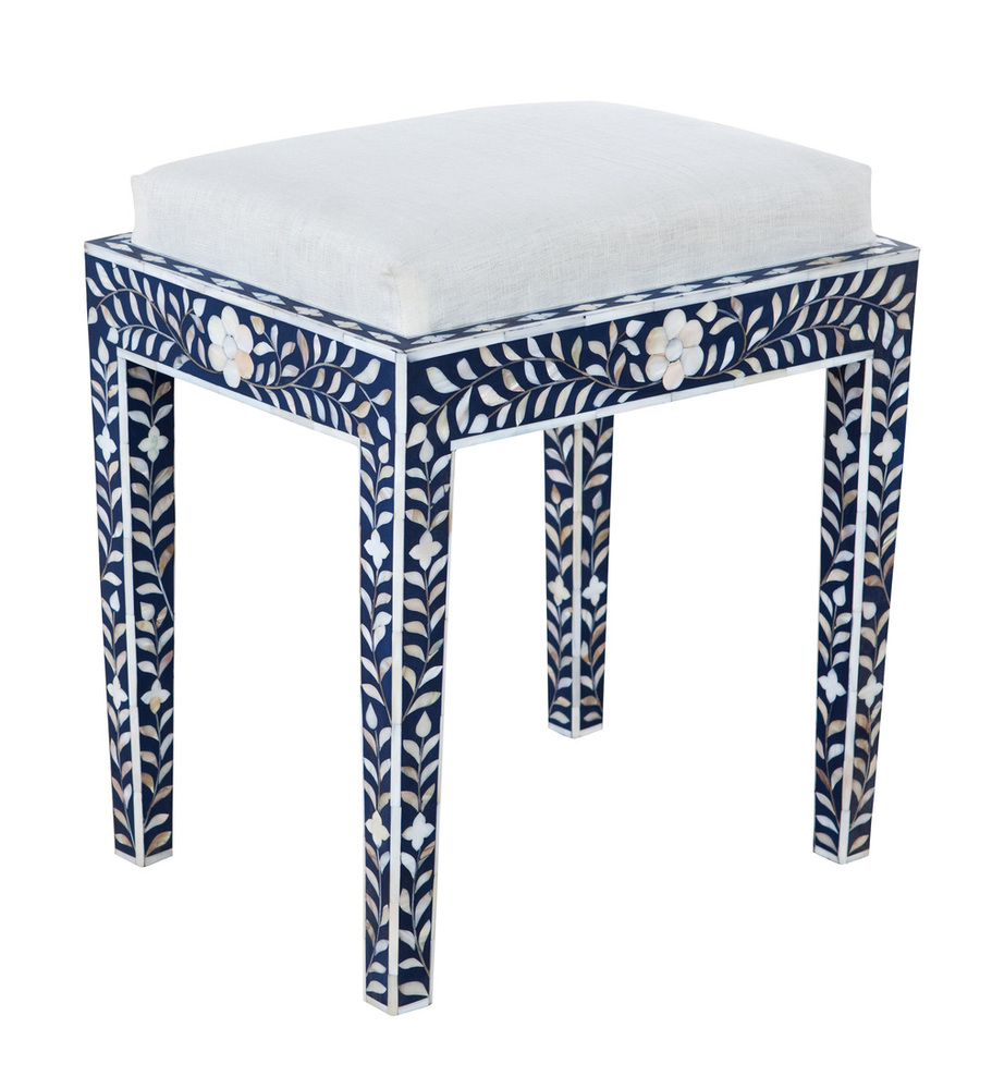 Bone Inlay Stool - Bone Inlay Wood, 16x12x18 Inches, Navy Blue | Elegant Design, Handcrafted, Comfortable Seat