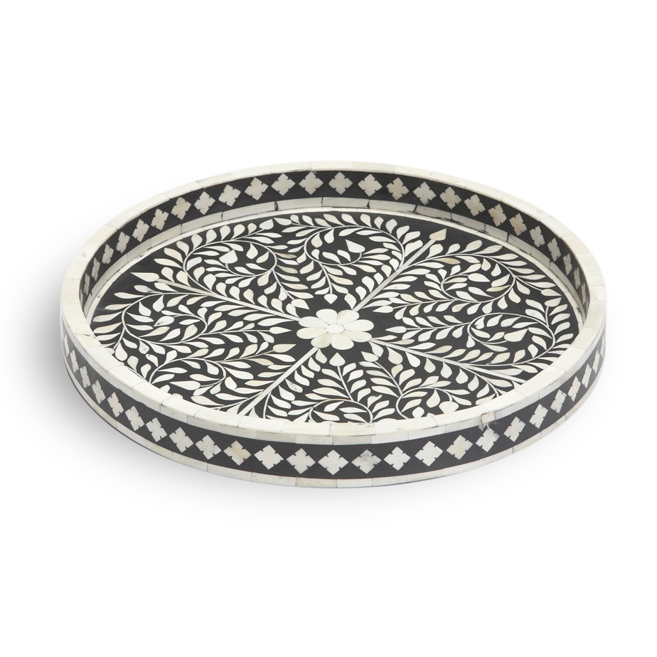 Bone Inlay Tray - Bone & Wood, 12 Inch Diameter, Black | Elegant Design, Intricate Inlay, Handcrafted Quality
