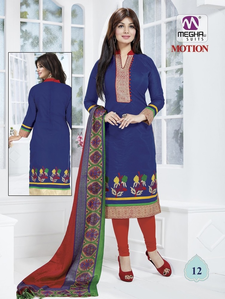 Dark Blue Ayesha Takia Chanderi Cotton Salwar Kameez Unstitched - Orange Bottom, Designer Orange Dupatta, Elegant Soft Fabric