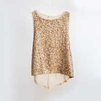 Metallic Gold Sequin Blouse Tunic - Polyester Material, Custom Sizes Available | Semi Sheer Chiffon, Embellished Front Panel, Longer Back Design