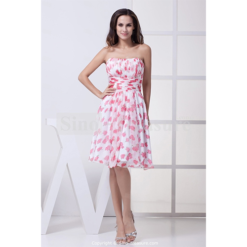 Rose Printed Chiffon Strapless A Line Knee Length Spring Bridesmaid Dress - Ethnic Region: Indian