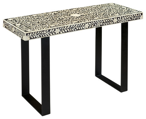 Bone Inlay Table - Bone & Metal, 30x15x20 Inches, Off-white | Elegant Floral Inlay, Durable, Contemporary Style