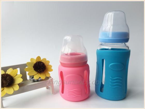 Designer Feeding Bottles - Glass 150ml/240ml with Pink Blue Silicone Sleeve, Wide Neck, Leakproof Seal