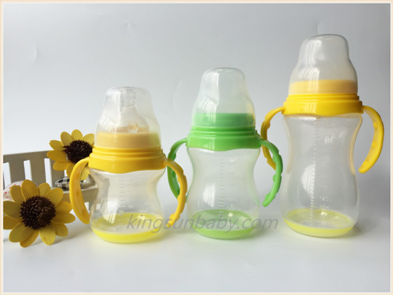 Wide neck PP baby bottle with handle and base