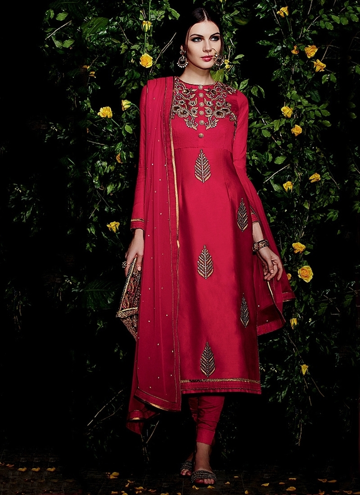 Bewitching Magenta Cotton Satin Straight Churidar Suit