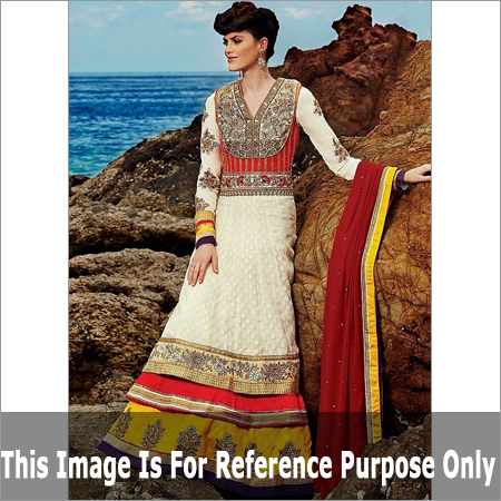 Vogue White Georgette Anarkali Suit - Double Layered, Embroidery & Patch Border, Red Chiffon Dupatta