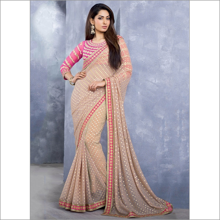 Inestimable Peach Chiffon Saree