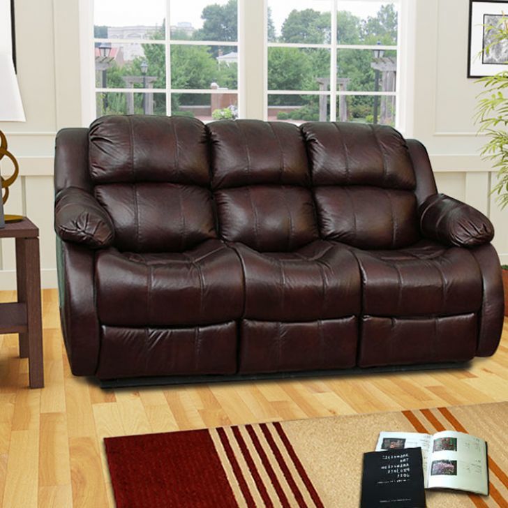 Gisborne Three Seater Sofa - Solid Wood & Leatherette, 78x36x38 inches, Brown | Recliner, Spacious Seating, Relaxing Comfort