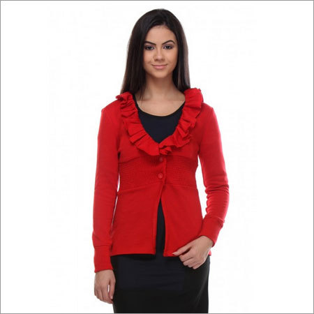 Paola - Red Waist Length Relaxed Fit Cardigan