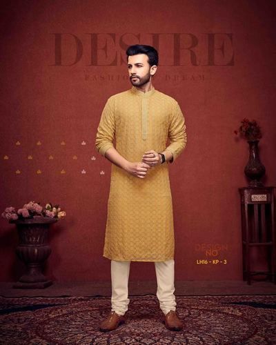 Mustard Men's Embroidered Kurta