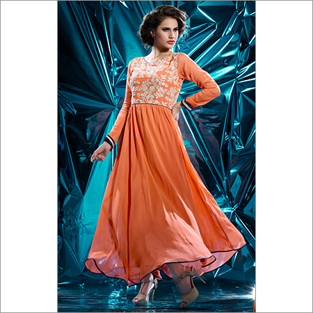 Designer Kurtis - Pure Georgette Maxi, L-XXL, Round Neck, Embroidered, Fade Resistant, Comfortable Fit