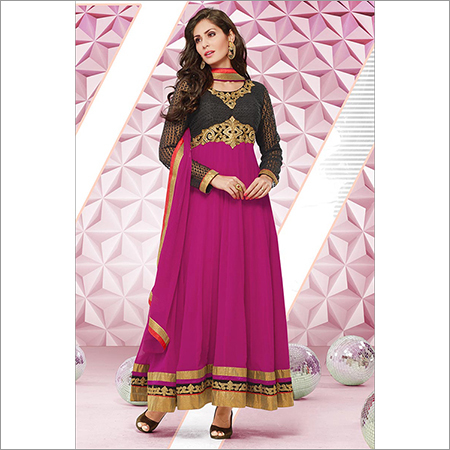 Fashionable Anarkali Suit - Georgette Top 3M, Shantoon Bottom 2.5M, Pink, Chiffon Dupatta 2.25M | Intricate Embroidery, Patch Border, Elegant Design