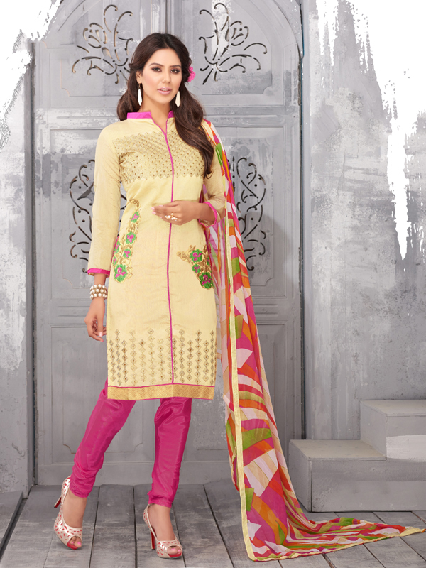 Chanderi Silk - Cotton Bottom, Cream Color | Smooth Texture, Stylish Pattern, Lightweight