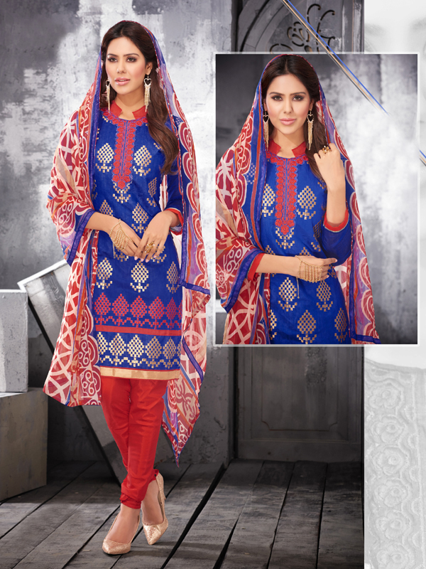 Chanderi Silk Suit - Blue Top, Cotton Bottom, Najneen Dupatta, Exclusive Patterns, Unique Colors
