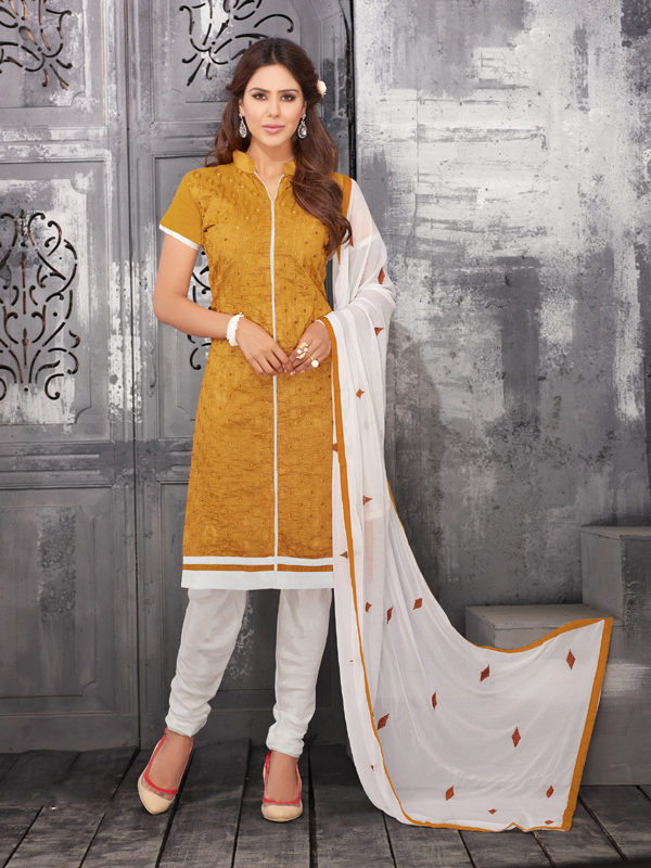 Chanderi Silk Fancy Material - Chanderi Silk Top, Cotton Bottom, Mustard | High Strength, Fade Resistance, Unique Design