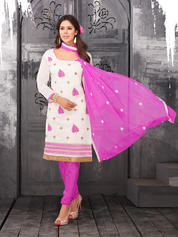 Chanderi Silk, Cotton Bottom, Najneen Dupatta - White Top, Pink Bottom, Pink Dupatta, Skin Friendly, Fade Resistant, Easy Wash