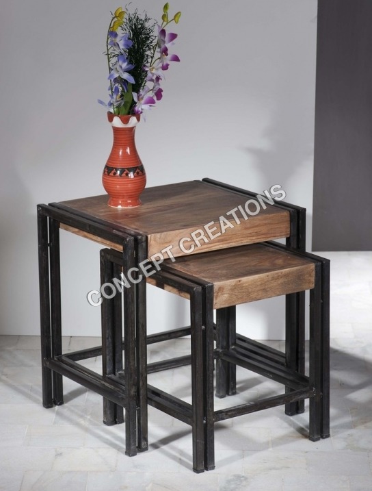 Iron Wooden Stool Set of 2 - Wood & Iron, 50x50x40-39x43x38cm, Brown, Rustic Nested Design