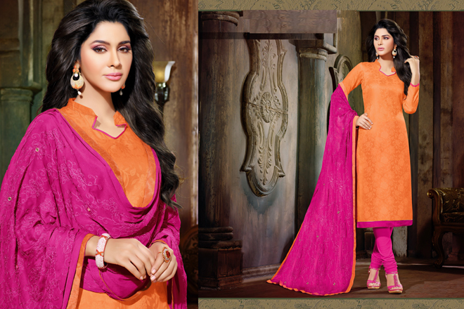 Glace Jacquard Designer Material - Glace Jacquard Top, Cotton Bottom, Chiffon Dupatta, Orange, Comfortable Wear, Fade Resistant, Reliable
