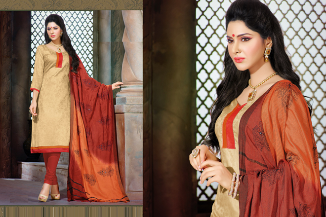 Glace Jacquard - Beige Top, Dark Red Cotton Bottom, Chiffon Dupatta, Elegant Design, Comfortable Fit