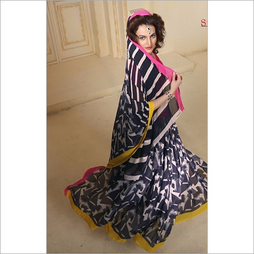 Printed Chiffon Sarees - 6.30 mtr Blue Chiffon, 0.80 mtr Blouse Piece, Printed Pattern, Elegant Look