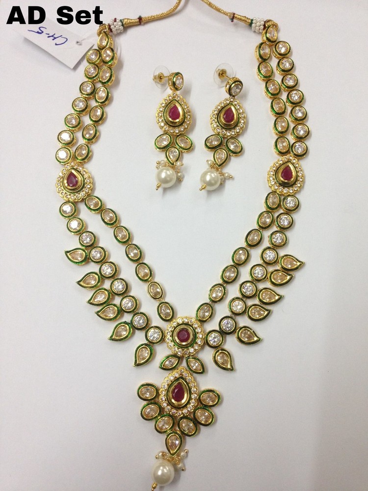Ad Set Moti Jewellery - Gold-Plated Moti Kundan, 18 Inch Necklace | Elegant Drop Earrings, Intricate Patterns, Smooth Finish