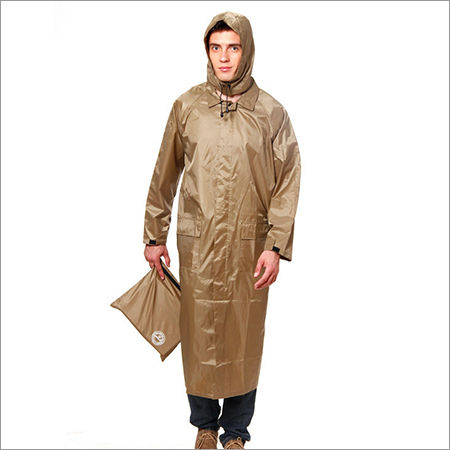 Duckback Rainwear - Polyester Fabric with Rubberised Coating, Knee Length with Hood and Button Closure, Full Sleeves, Light Brown Color, Washable, Available in Large to Double Extra Large Sizes, Includes Free Pouch
