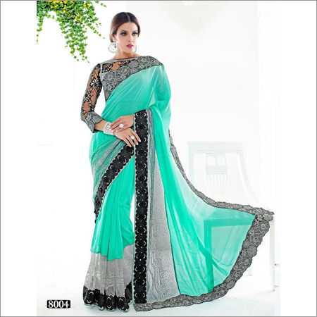 Indian Sarees - Silk, 5.5 Meters, Aqua | Lightweight Fabric, Smooth Soft Texture, Embroidered Design, Ethnic Party Wear