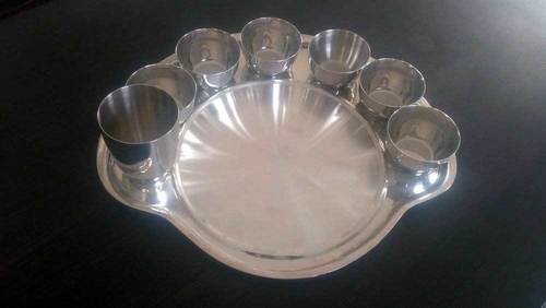 Stainless Steel Platter Plate with Katori - Stainless Steel, Round Shape, Silver Color, Polished Surface Finish | Easy Washable, High Durability, Fine Finish