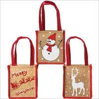 Jute Christmas Gift Bags - Durable Jute, Varied Dimensions, Brown With Red Handles | Eco-friendly, Elegant Design, Unique Patterns, Gift-ready