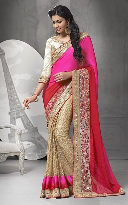 Owomaniya Georgette Designer Saree - Satin Georgette & Net, Cream Pink, White Blouse | Mirror Work, Elegant Design, Stylish Drape