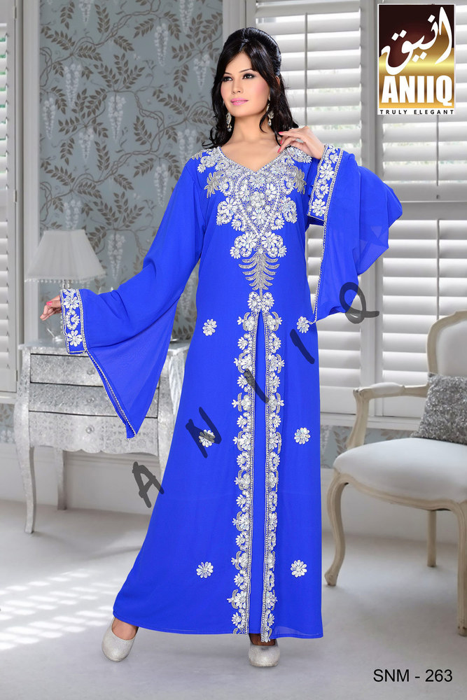 Jilbab Moroccan Style Kaftan - Georgette Maxi, Blue, Silver Embroidery | Elegant Design, Soft Fabric, Bell Sleeves