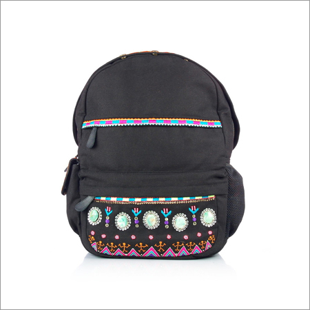 Black Embroidered Backpack with Laptop Protection