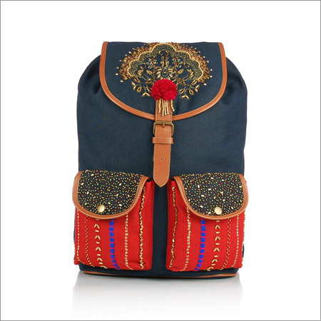 Red Blue Embroidered Backpack with Laptop Protection