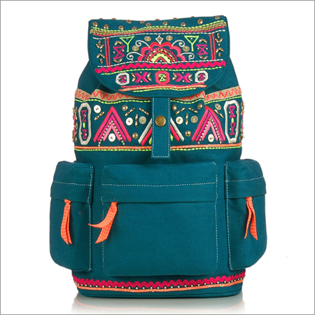 Turquoise Canvas Embroidered Backpack