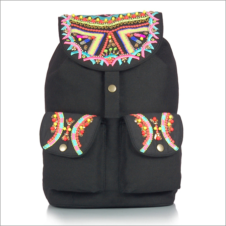 Black Canvas Embroidered Backpack